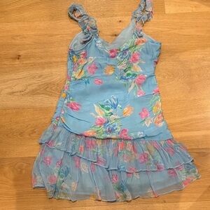 Floral Blue Dress with Ruffle Straps